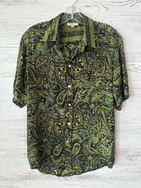 EARTHBOUND Paisley Boho Tribal Floral Shirt S Green Made in India